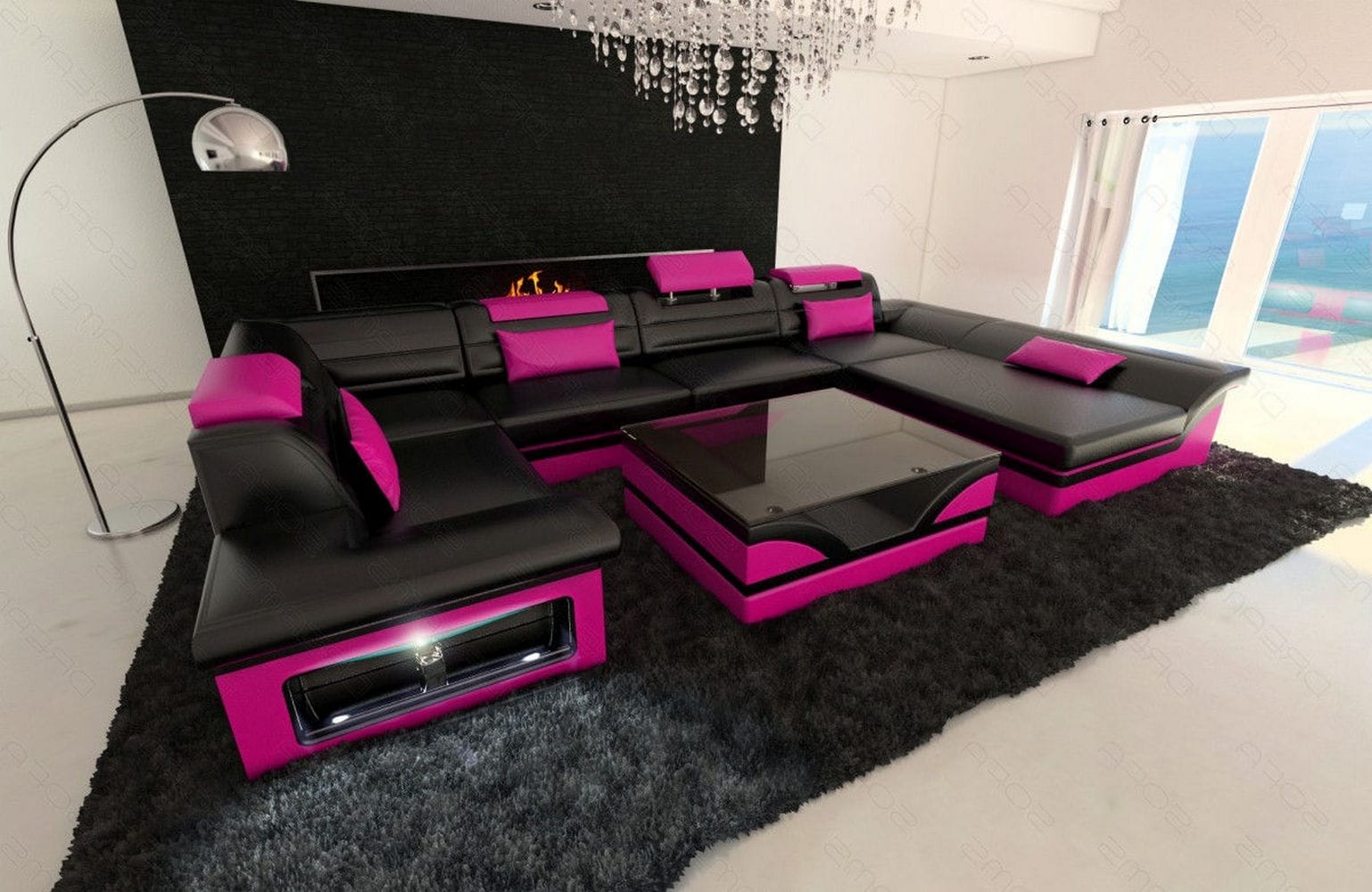 Mini Sofa Enzo U-Form in Leder Schwarz-Pink