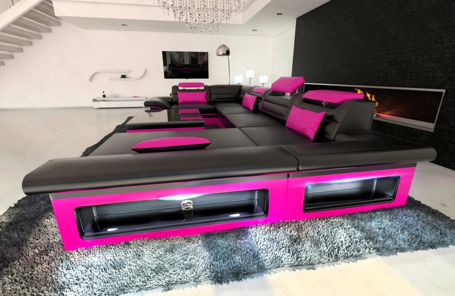 Mini Sofa Enzo U-Form in Leder Schwarz-Pink