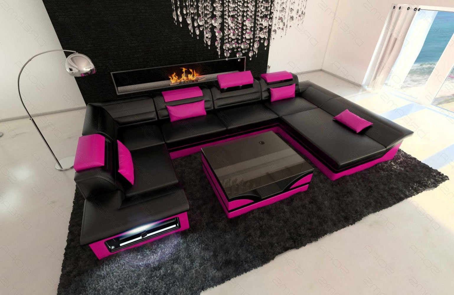 Mini Sofa Enzo U-Form in Leder Schwarz-Pink