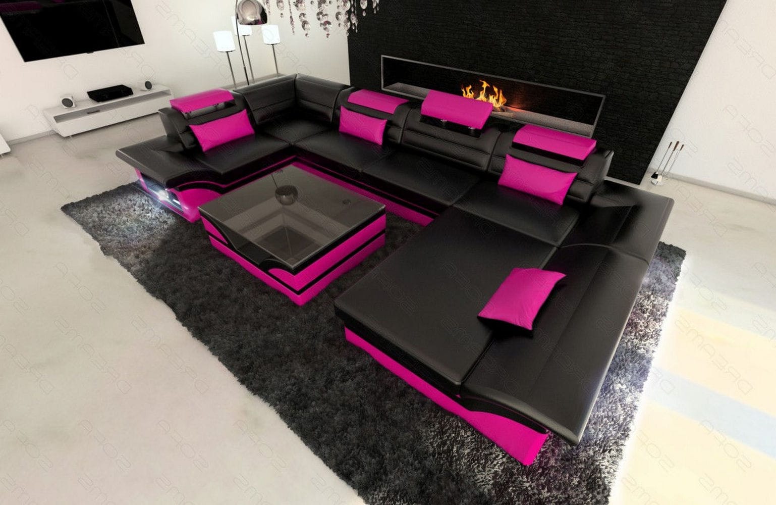 Mini Sofa Enzo U-Form in Leder Schwarz-Pink