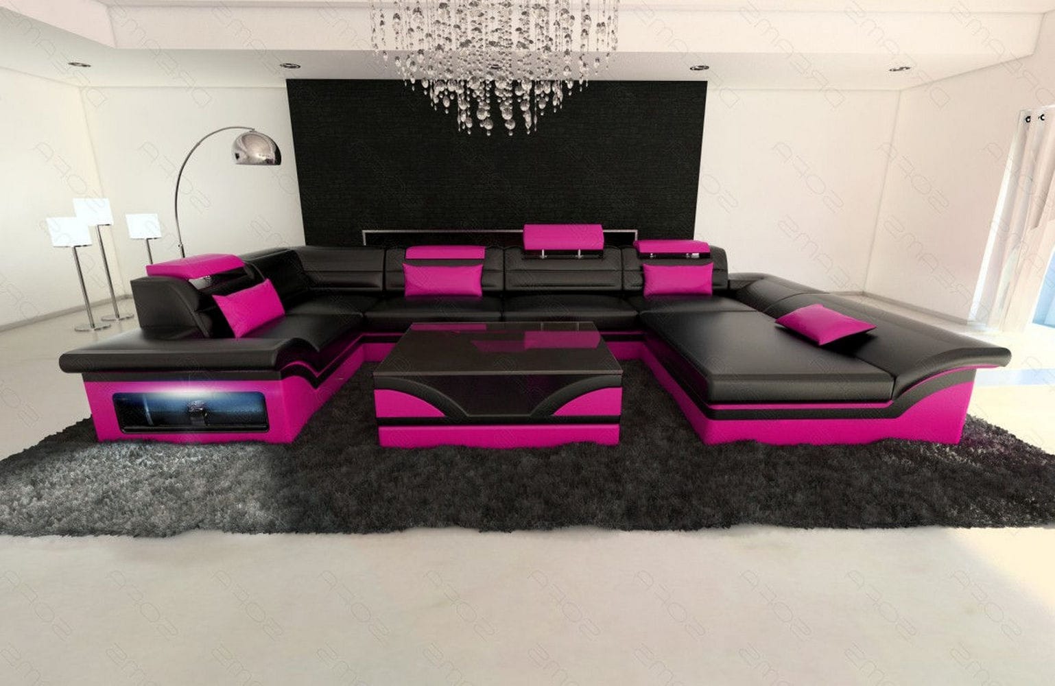 Mini Sofa Enzo U-Form in Leder Schwarz-Pink