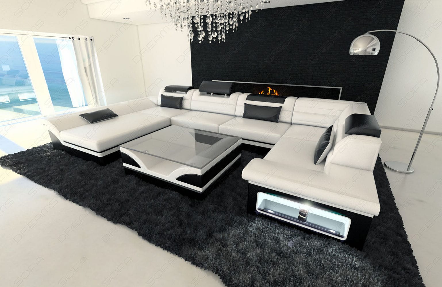 Mini Sofa Enzo U-Form in Leder Weiß-Schwarz