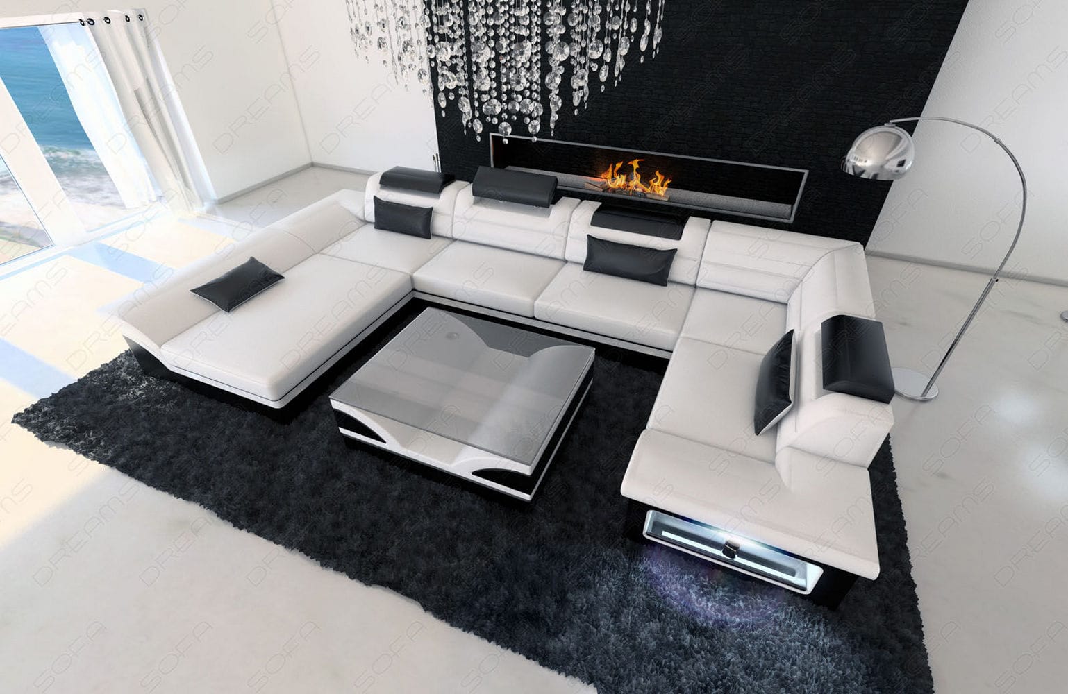 Mini Sofa Enzo U-Form in Leder Weiß-Schwarz