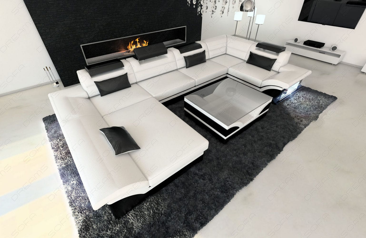 Mini Sofa Enzo U-Form in Leder Weiß-Schwarz