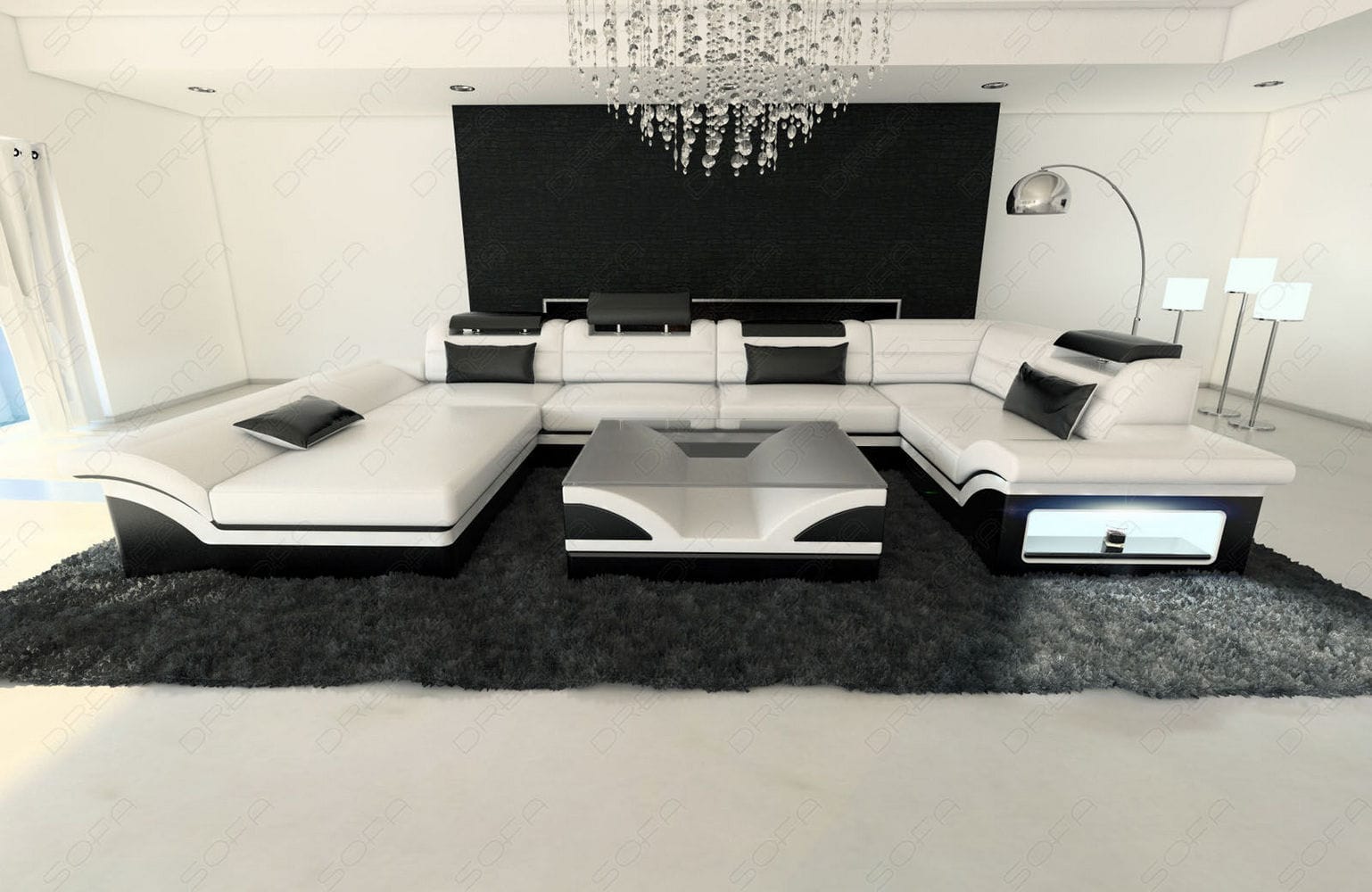 Mini Sofa Enzo U-Form in Leder Weiß-Schwarz