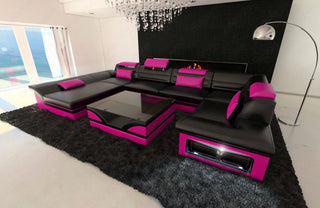 Mini Sofa Enzo U-Form in Leder Schwarz-Pink