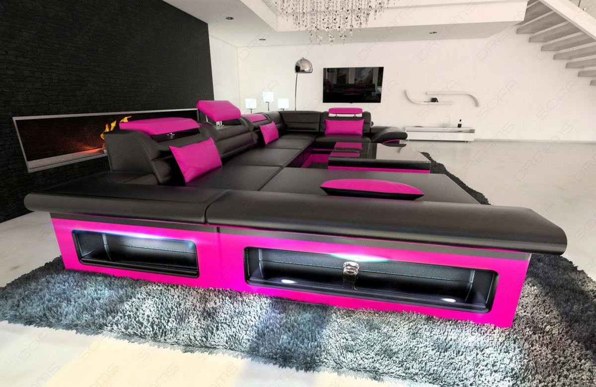 Mini Sofa Enzo U-Form in Leder Schwarz-Pink