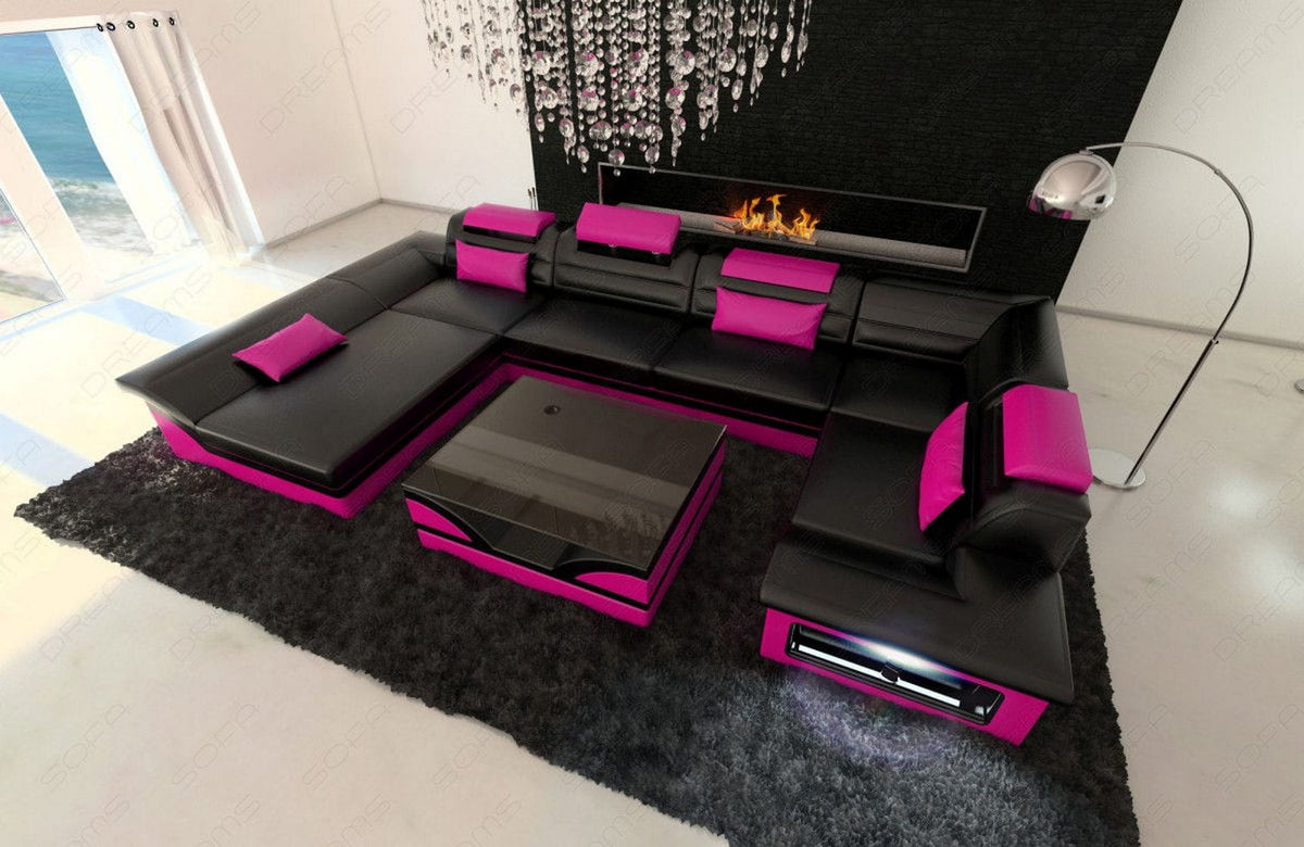 Mini Sofa Enzo U-Form in Leder Schwarz-Pink