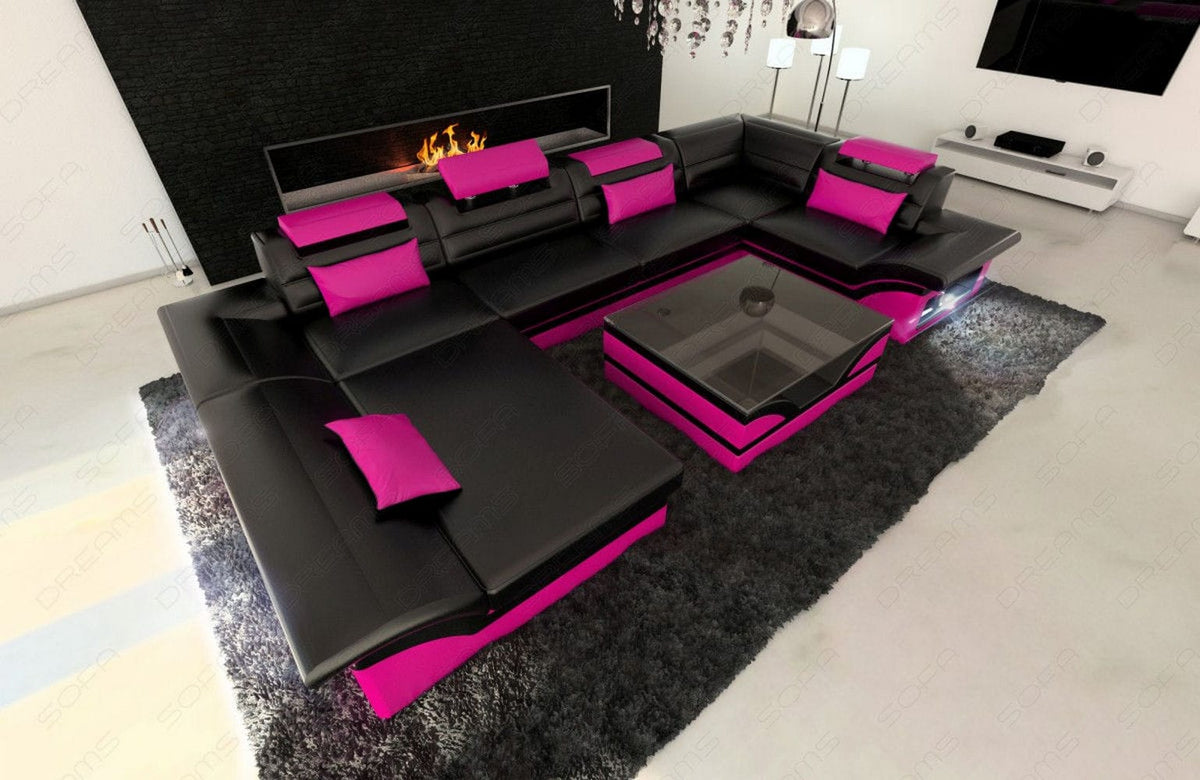 Mini Sofa Enzo U-Form in Leder Schwarz-Pink