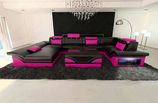 Mini Sofa Enzo U-Form in Leder Schwarz-Pink