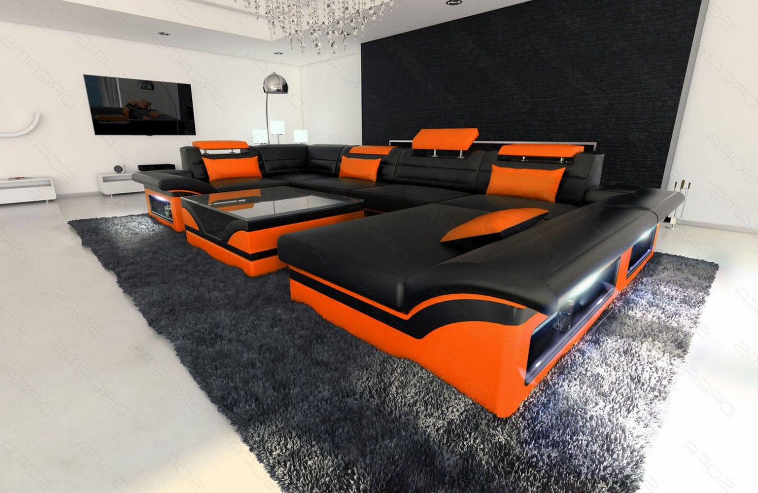 Sofa Enzo U-Form in Leder schwarz-orange