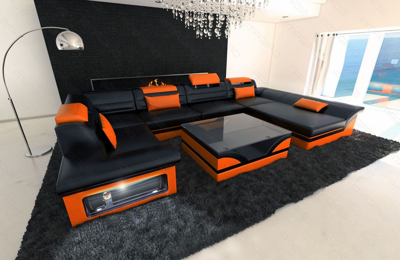 Sofa Enzo U-Form in Leder schwarz-orange
