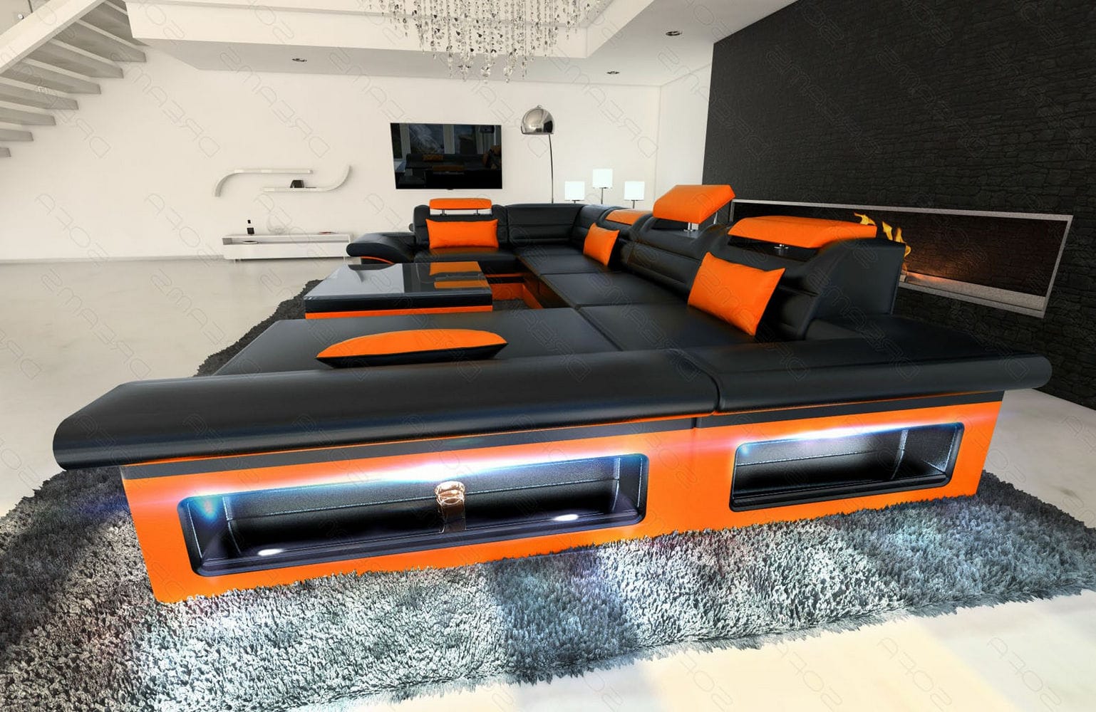 Sofa Enzo U-Form in Leder schwarz-orange