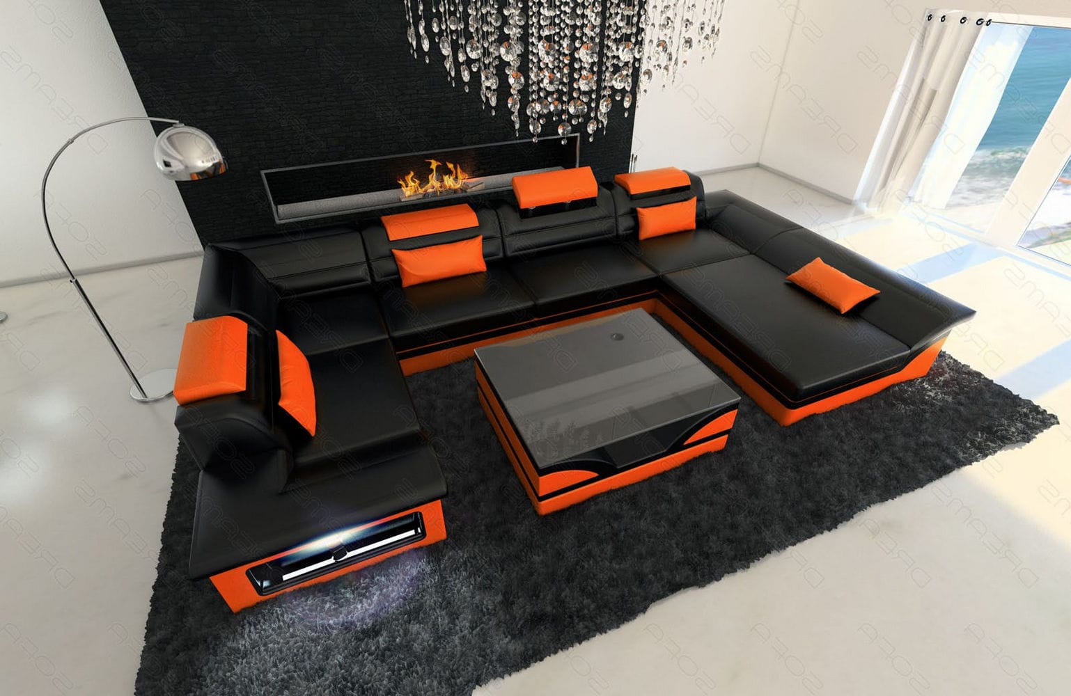 Sofa Enzo U-Form in Leder schwarz-orange