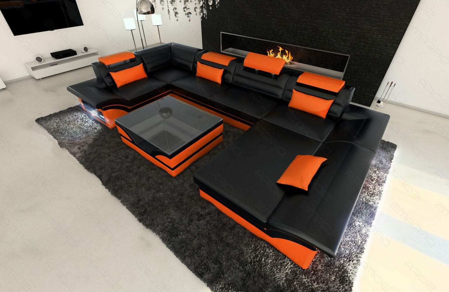 Sofa Enzo U-Form in Leder schwarz-orange