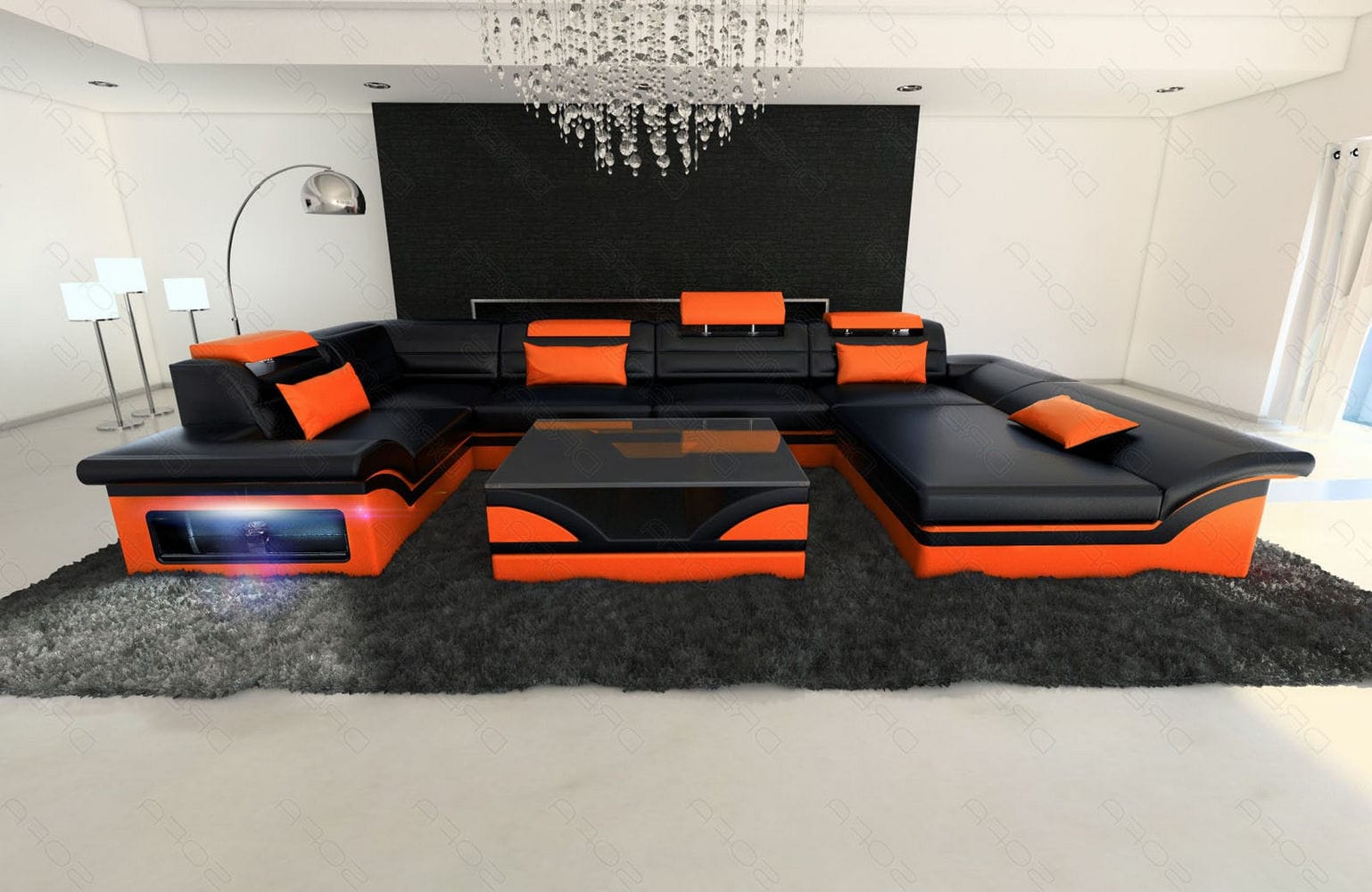 Sofa Enzo U-Form in Leder schwarz-orange