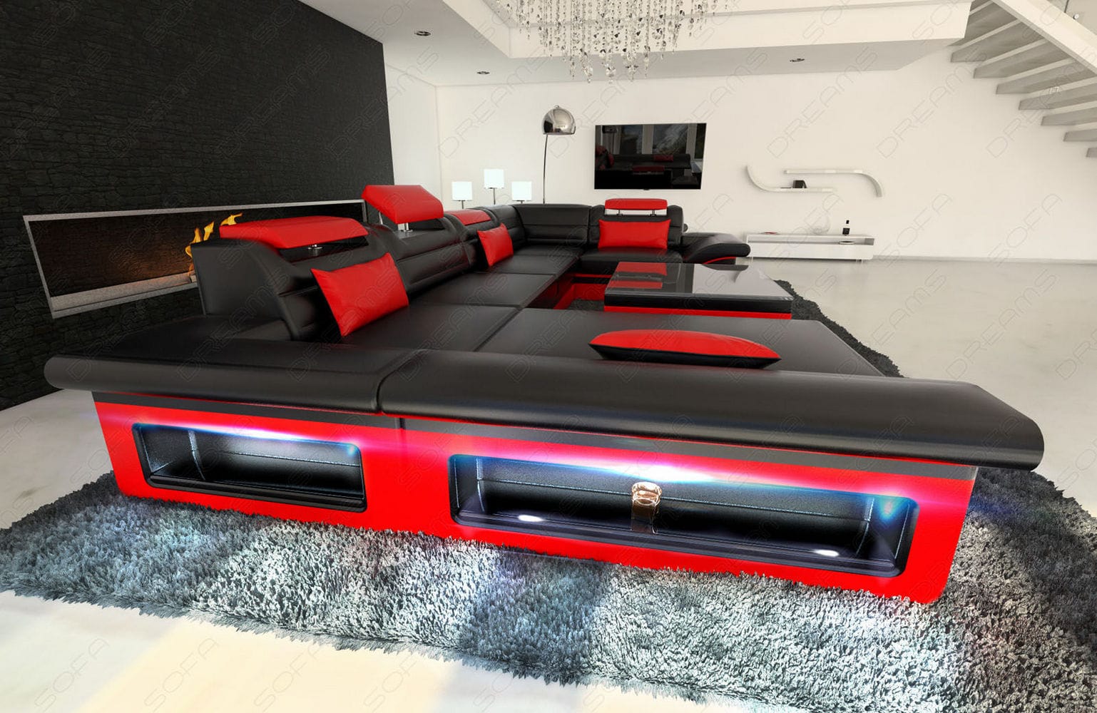 Sofa Enzo in Leder schwarz-rot