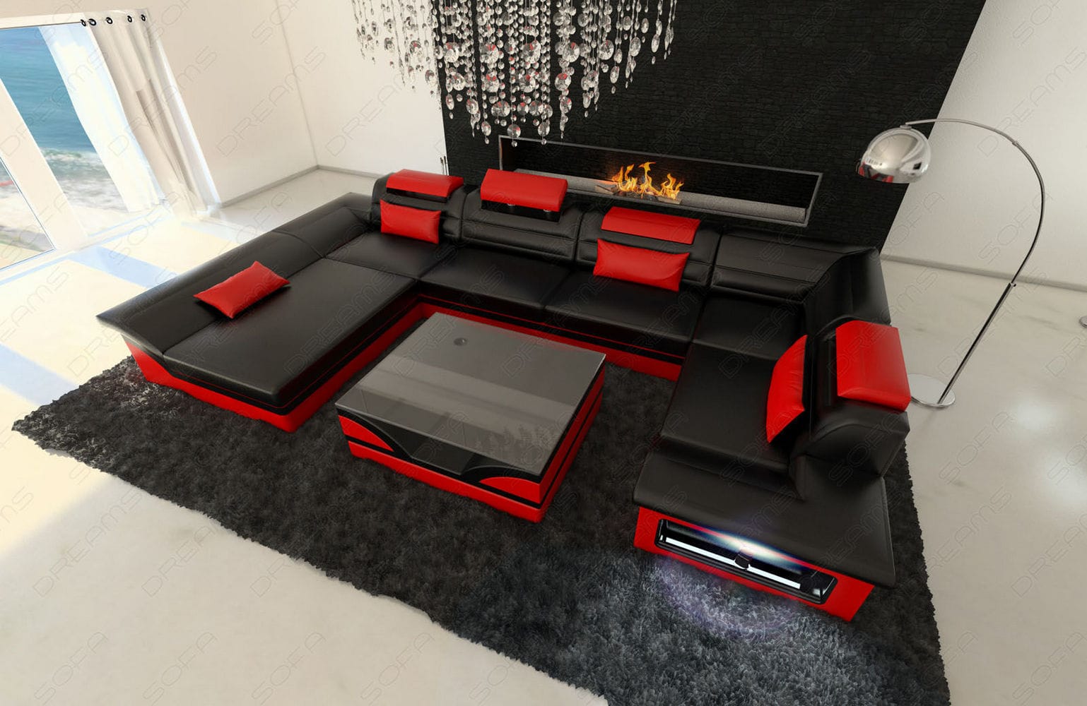 Sofa Enzo in Leder schwarz-rot