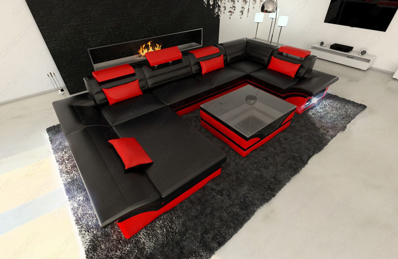 Sofa Enzo in Leder schwarz-rot
