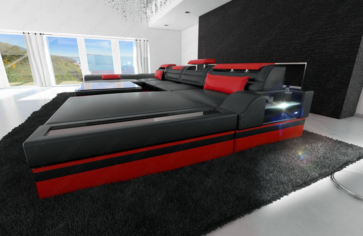 Mini Wohnlandschaft Monza Eleganz U-Form aus Leder Schwarz-Rot