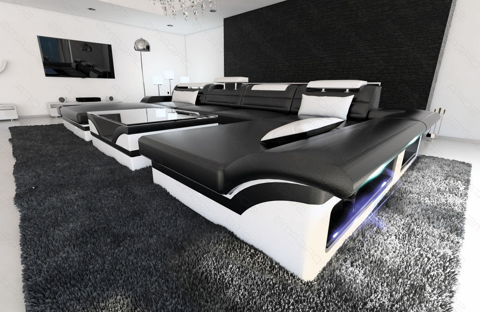 Mini Wohnlandschaft Monza Eleganz U-Form aus Leder Schwarz-Weiß