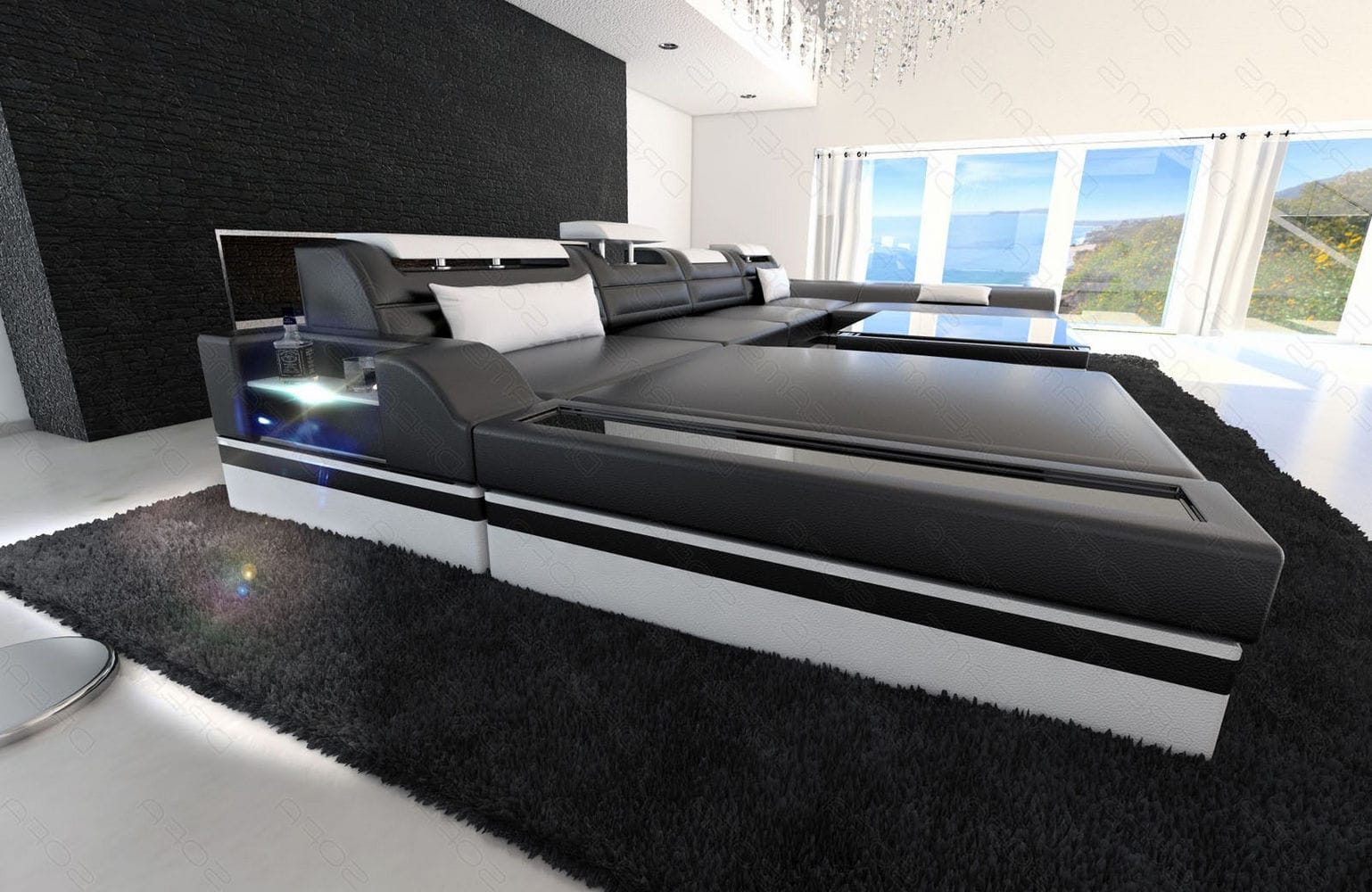Mini Wohnlandschaft Monza Eleganz U-Form aus Leder Schwarz-Weiß