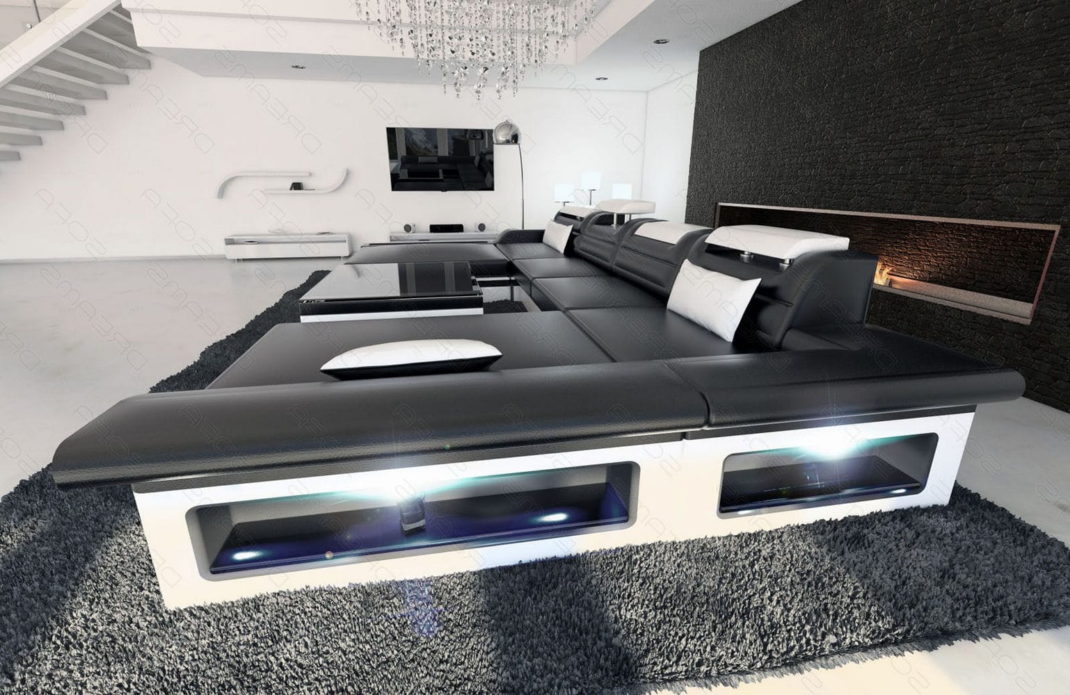 Mini Wohnlandschaft Monza Eleganz U-Form aus Leder Schwarz-Weiß