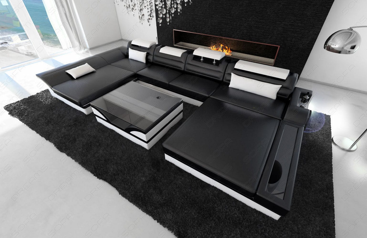 Mini Wohnlandschaft Monza Eleganz U-Form aus Leder Schwarz-Weiß