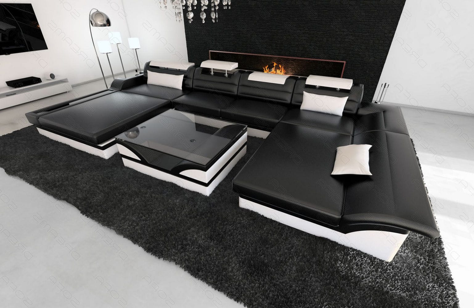 Mini Wohnlandschaft Monza Eleganz U-Form aus Leder Schwarz-Weiß