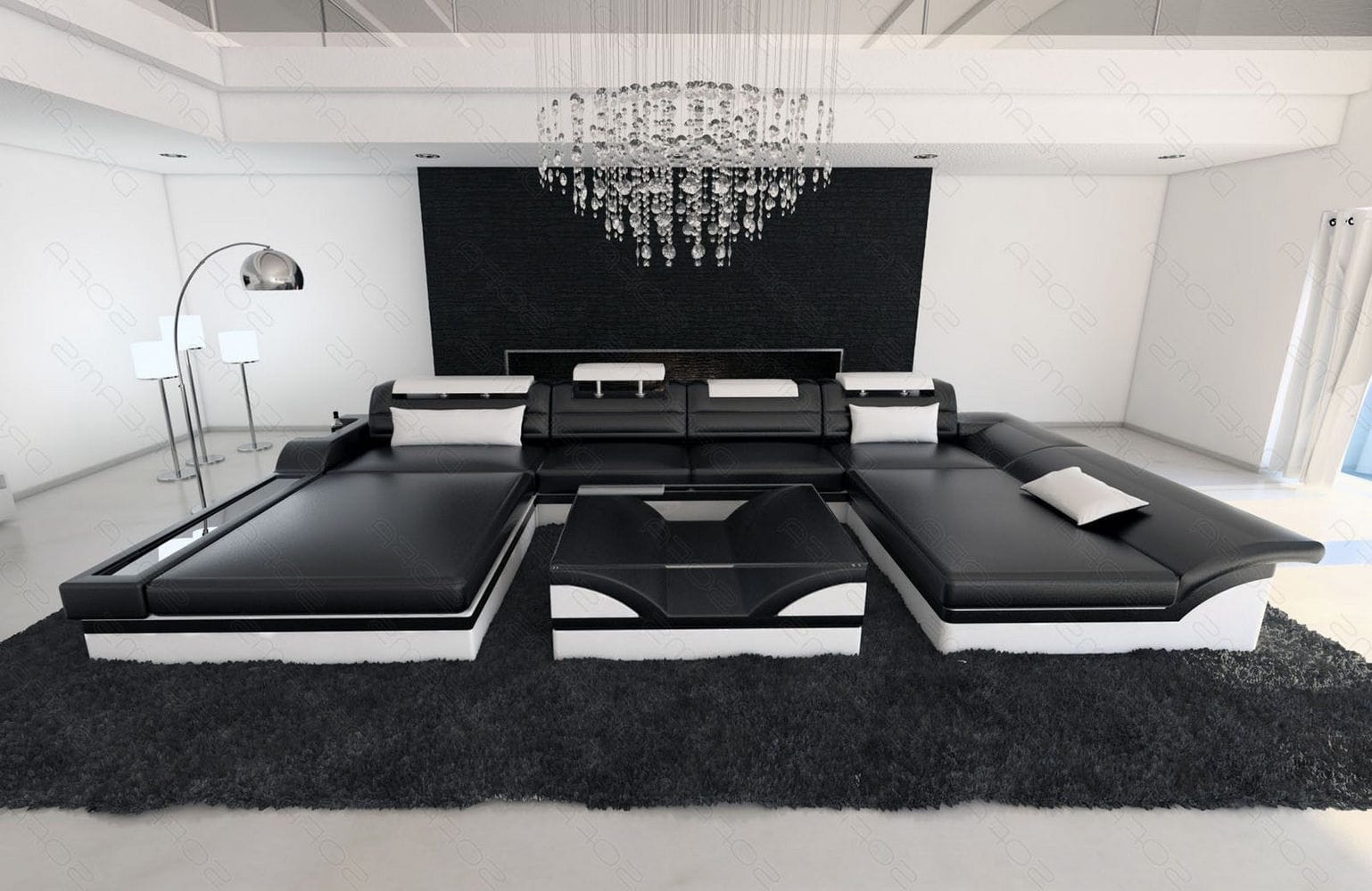 Mini Wohnlandschaft Monza Eleganz U-Form aus Leder Schwarz-Weiß