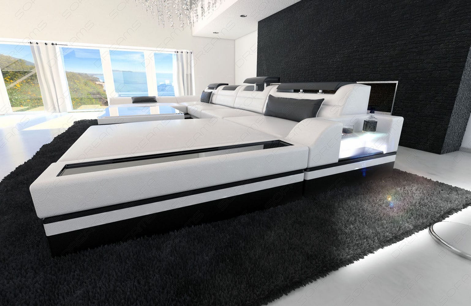 Mini Wohnlandschaft Monza Eleganz U-Form aus Leder Weiß-Schwarz