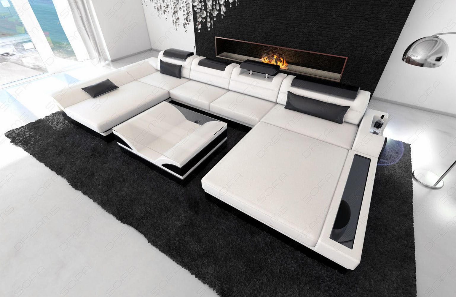 Mini Wohnlandschaft Monza Eleganz U-Form aus Leder Weiß-Schwarz