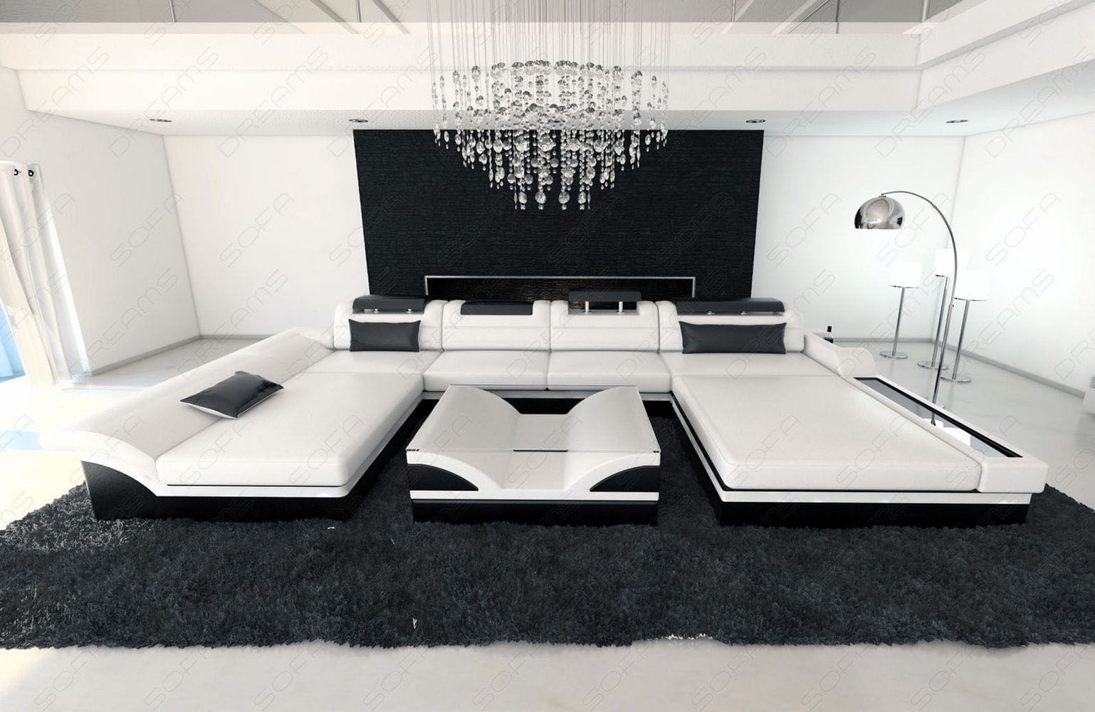 Mini Wohnlandschaft Monza Eleganz U-Form aus Leder Weiß-Schwarz