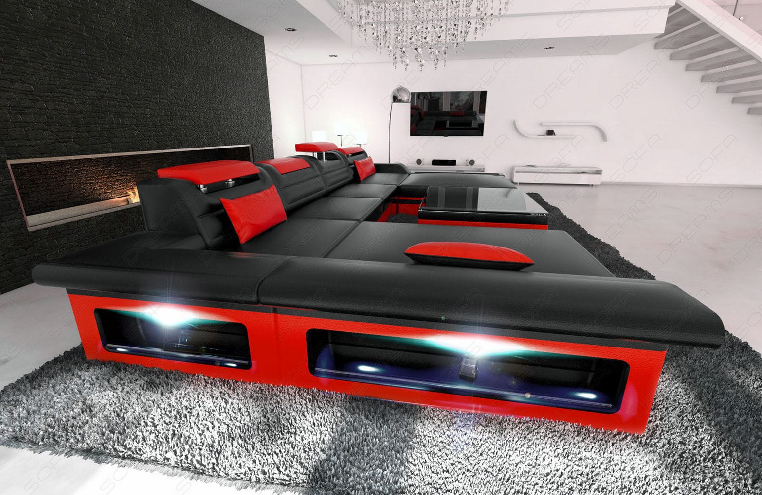 Mini Wohnlandschaft Monza Eleganz U-Form aus Leder schwarz-rot