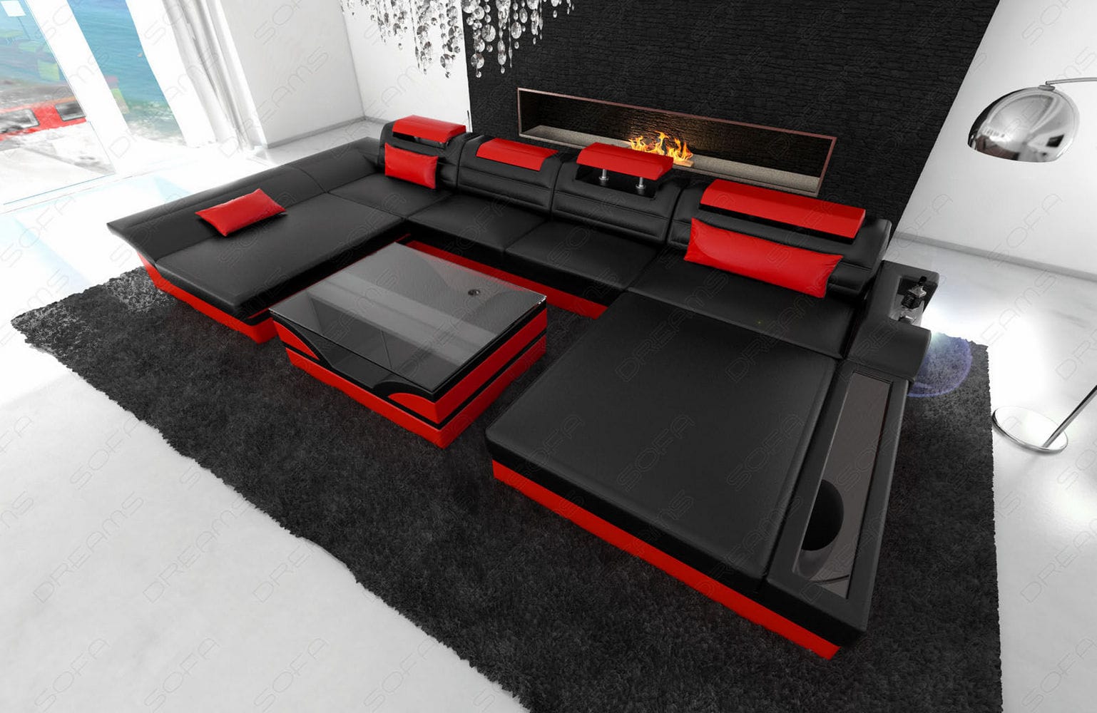 Mini Wohnlandschaft Monza Eleganz U-Form aus Leder schwarz-rot