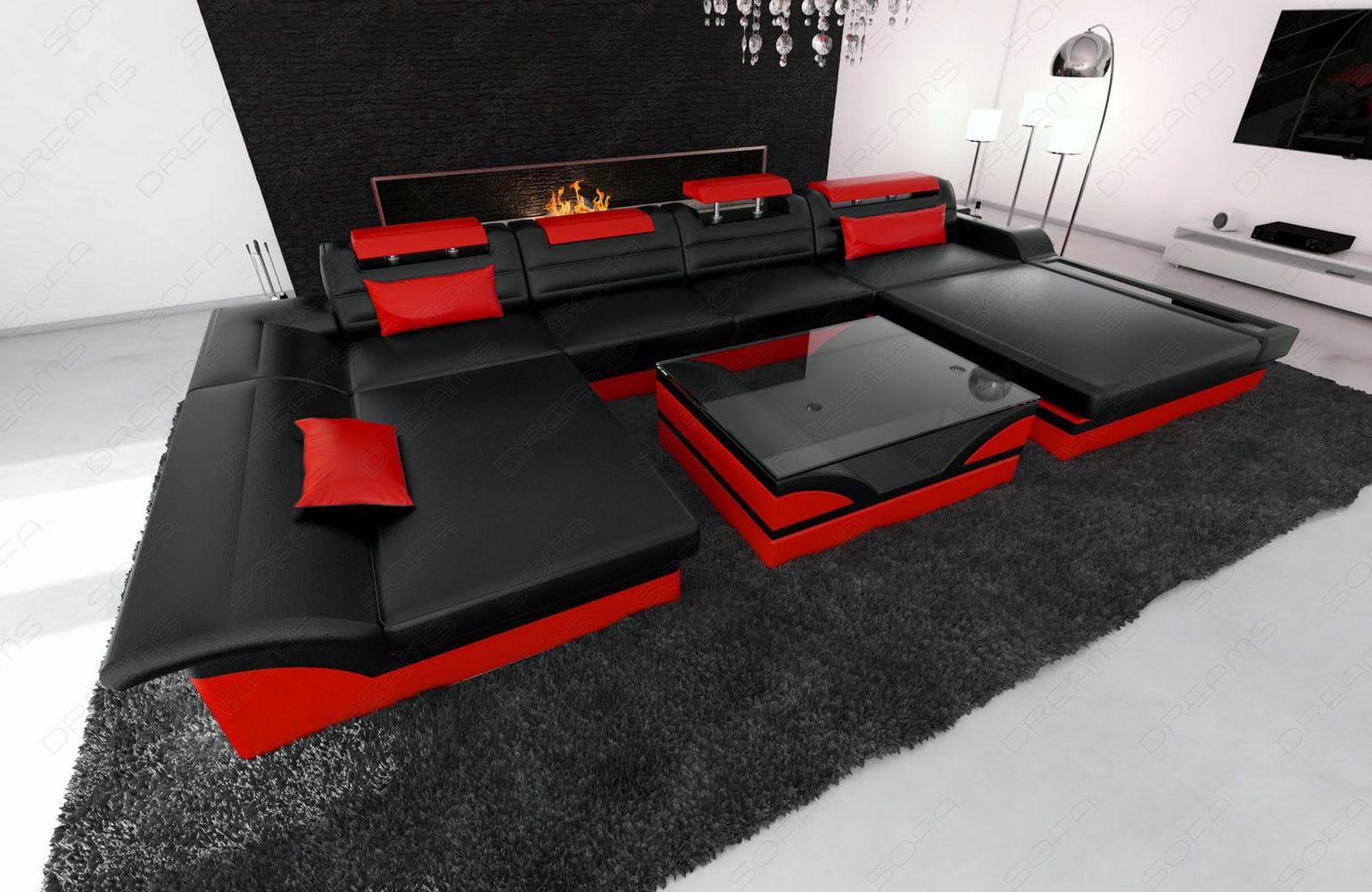 Mini Wohnlandschaft Monza Eleganz U-Form aus Leder schwarz-rot