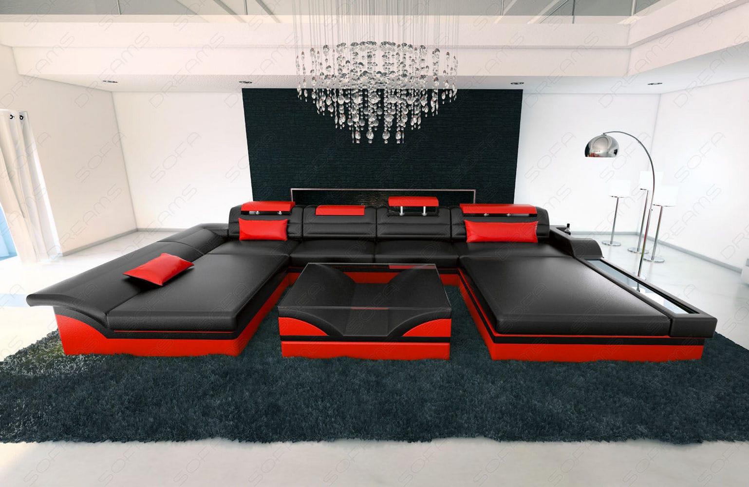 Mini Wohnlandschaft Monza Eleganz U-Form aus Leder schwarz-rot