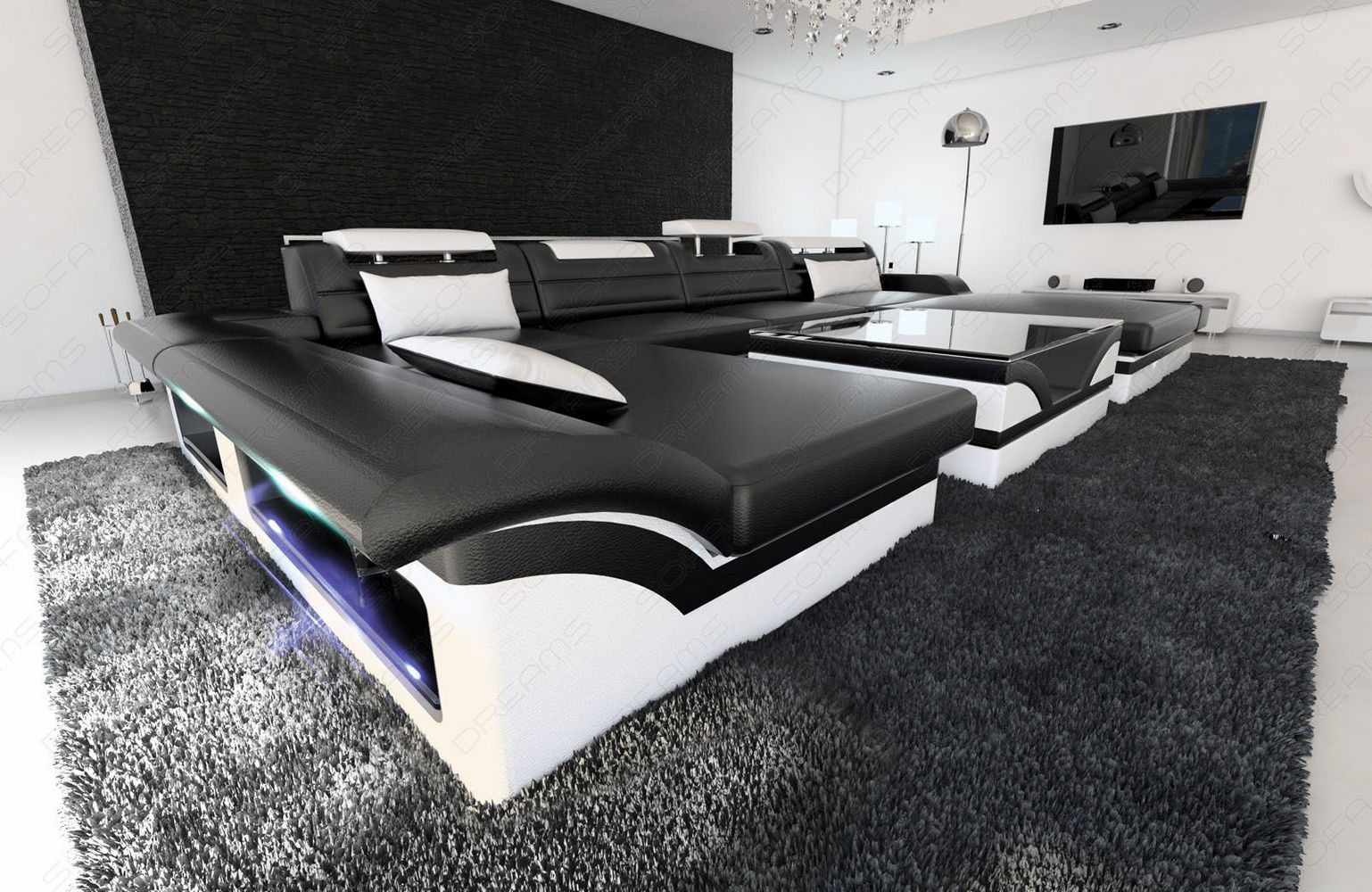 Mini Ledersofa Monza U-Form – Eleganz & Komfort Schwarz-Weiß
