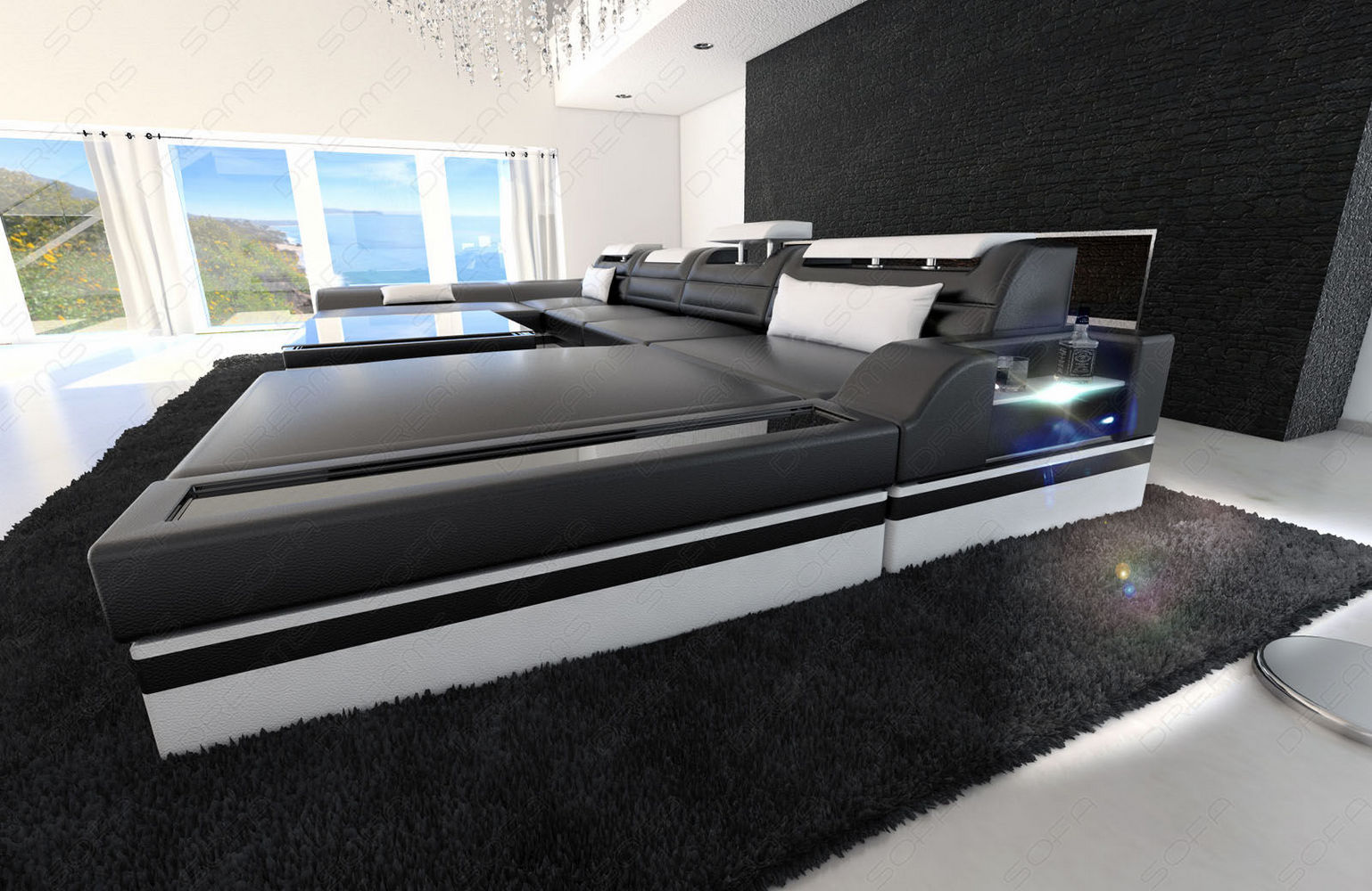 Mini Ledersofa Monza U-Form – Eleganz & Komfort Schwarz-Weiß