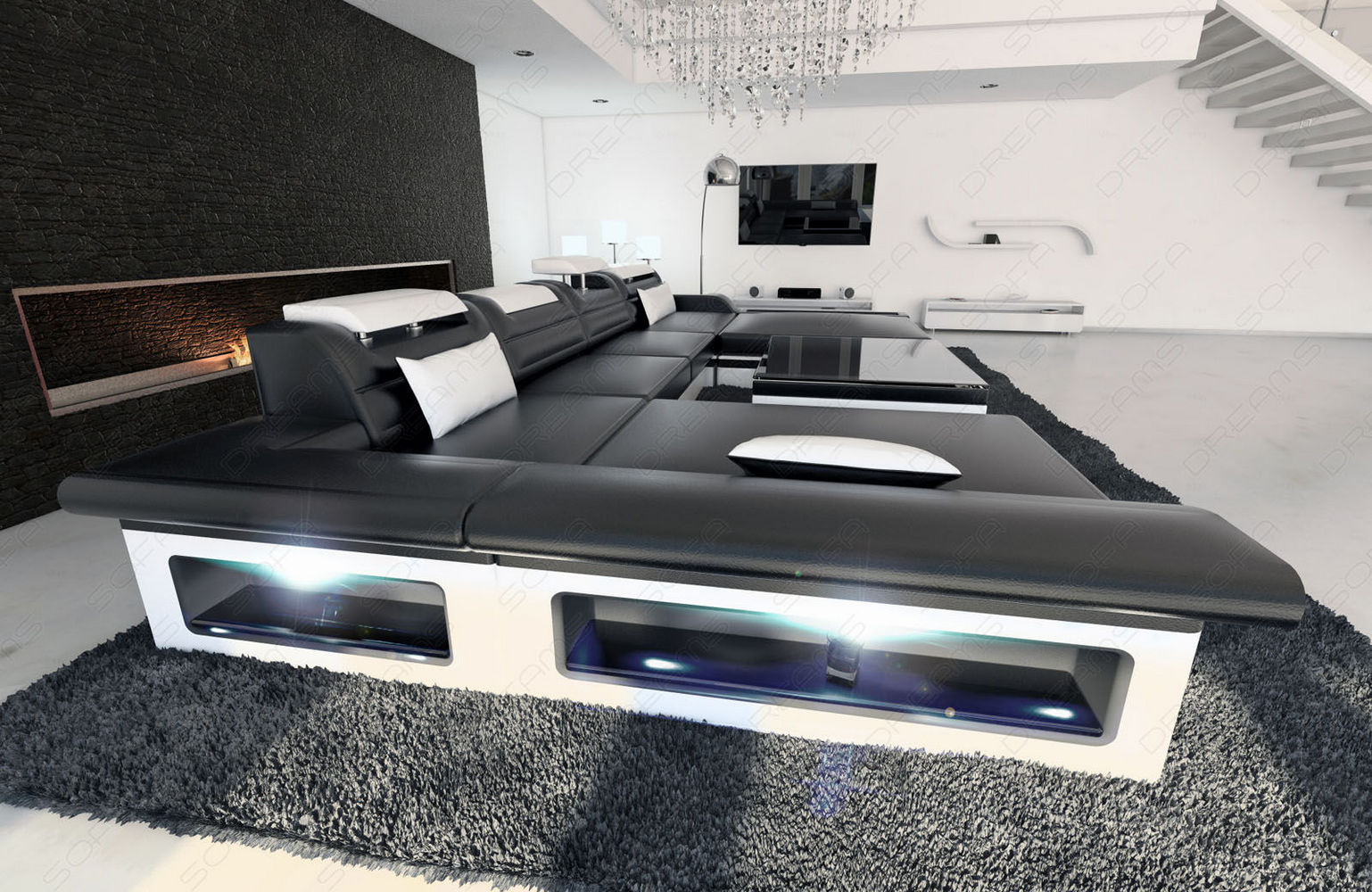 Mini Ledersofa Monza U-Form – Eleganz & Komfort Schwarz-Weiß