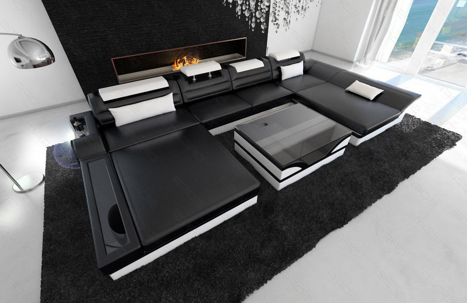 Mini Ledersofa Monza U-Form – Eleganz & Komfort Schwarz-Weiß