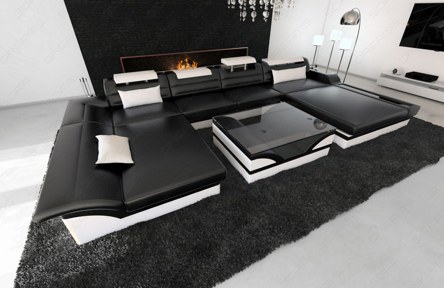 Mini Ledersofa Monza U-Form – Eleganz & Komfort Schwarz-Weiß
