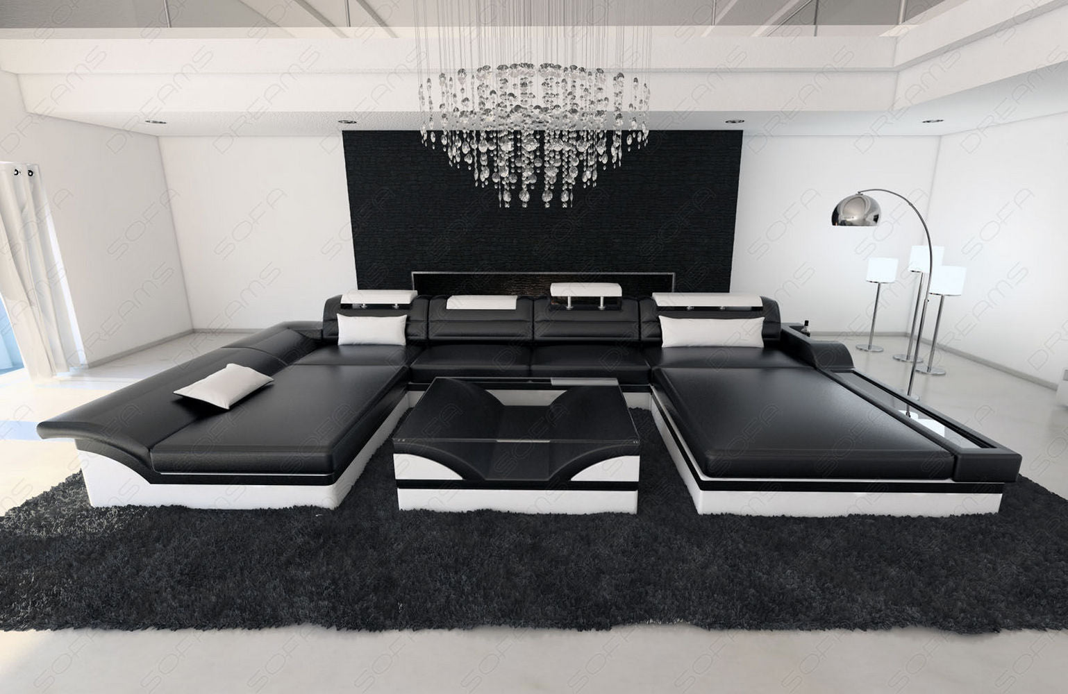 Mini Ledersofa Monza U-Form – Eleganz & Komfort Schwarz-Weiß