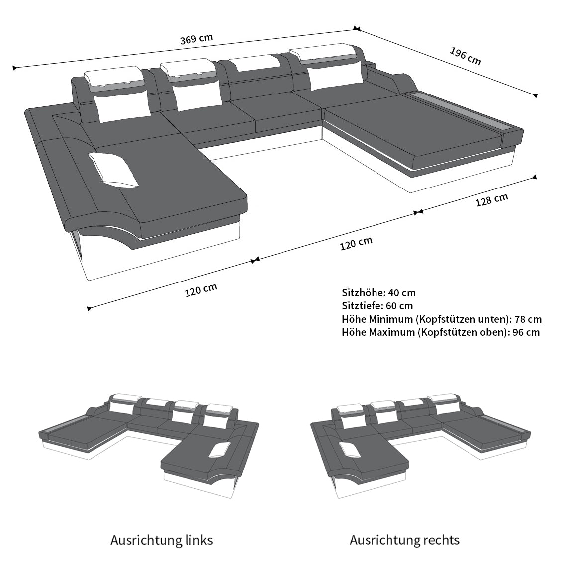 Mini Ledersofa Monza U-Form – Eleganz & Komfort Schwarz-Weiß