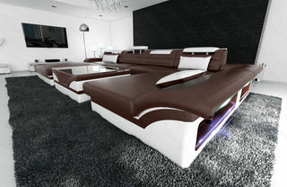 Mini Wohnlandschaft Monza Eleganz U-Form aus Leder Dunkelbraun-Weiß