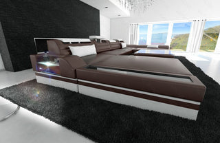 Mini Wohnlandschaft Monza Eleganz U-Form aus Leder Dunkelbraun-Weiß