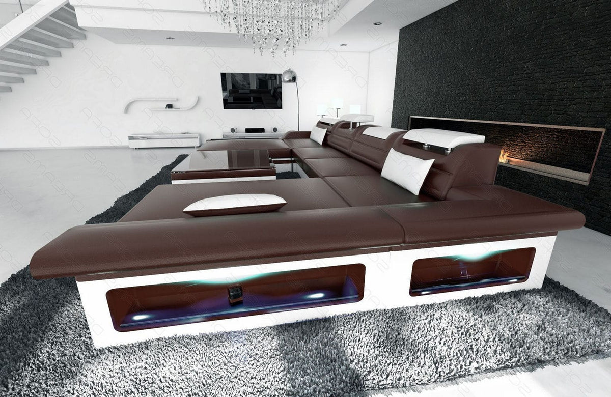 Mini Wohnlandschaft Monza Eleganz U-Form aus Leder Dunkelbraun-Weiß