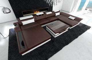 Mini Wohnlandschaft Monza Eleganz U-Form aus Leder Dunkelbraun-Weiß