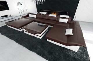 Mini Wohnlandschaft Monza Eleganz U-Form aus Leder Dunkelbraun-Weiß