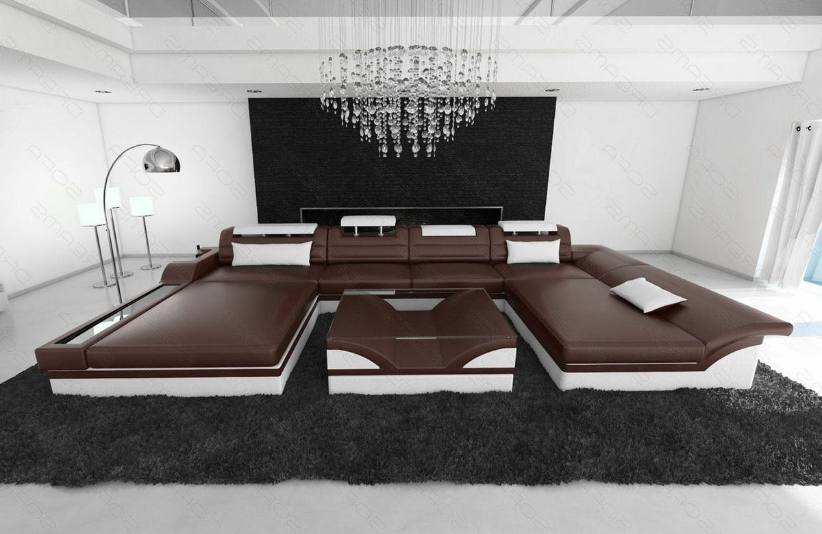 Mini Wohnlandschaft Monza Eleganz U-Form aus Leder Dunkelbraun-Weiß